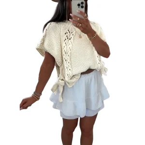 Women's Summer Chic Vintage Sweater O Neck  with New Hollow Tether Casual Woven Knit Tops with Decoration