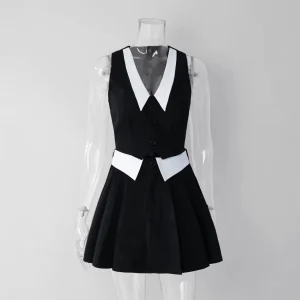 Women's Fashion and Elegant Black and White Deep Plunge Neck Top and Pleated Skirt Two Piece Set