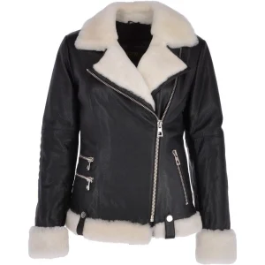International Standard Women's High Quality Biker Leather Jacket Fur Side Zip Polyester Lining Logo Lines For Winter Wool Blends