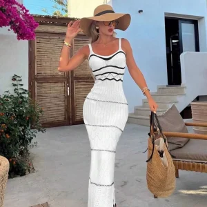 New Women's Summer Color Clashing Bohemian Slip Dress Hollow Out Knit Wrap Dress