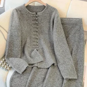 Elegant Autumn Knit Set: Single-breasted Round Neck Long Sleeve Top Solid Color Slim Skirt. 128 Chars