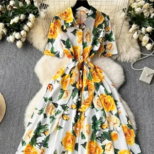 2025 Summer Women's Casual Empire Printed Dress Roman Turn-Down Collar Tunic Slim for Bandage Midi Maxi Length One Fits All