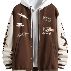 Men's Slogan Pattern Button Baseball pilot Jacket Fashionable and Trendy Men's Jacket Comfortable for Wearing Outside