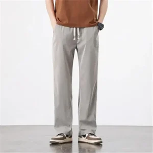 Men Casual Pants Thin Drawstring Elastic Waist Loose Straight 100% Cotton High Quality Jogger Trousers